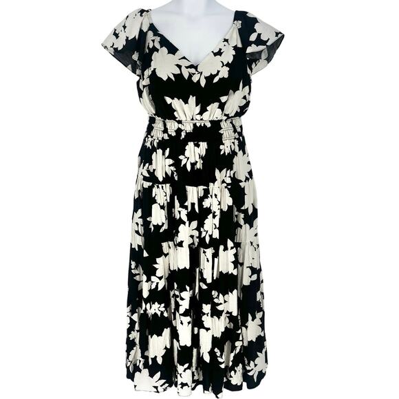 Rachel Zoe Black and Cream Floral Flutter Sleeve Tiered Maxi Dress Size XL - Picture 1 of 9